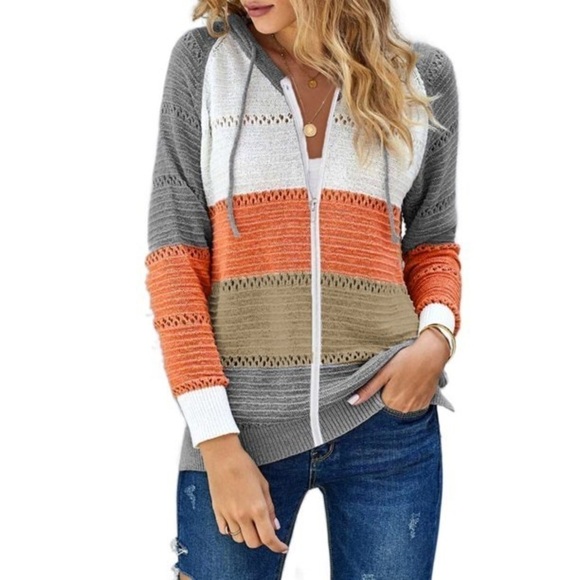 Amazon Tops - Women’s Long Sleeve Color Block Knit Zip Up Sweater with Hood